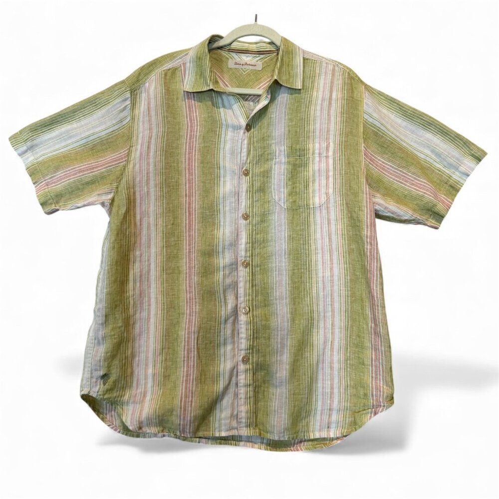 Tommy Bahama 100% Linen Striped Button Front Shirt Mens L Green Resort